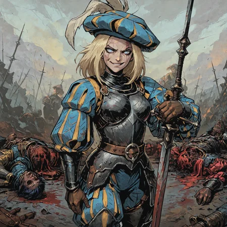 smooth quality, masterpiece, best quality, newest, absurdres, highres, anime, anime style, bright colors, battlefield, corpse, TTCSV1.0, LKAV1.0, portrait, 1girl, landsknecht, armor, belt, breastplate, chaperon hat, faulds, asymmetrical legwear, asymmetrical armor, puffy sleeves, puffy pants, hand on weapon, sword, blonde hair, blue eyes, scar on face, smirk, blood on weapon, 
HDR, masterpiece, best quality, newest, absurdres, highres, anime, anime style, bright colors, <lora:add-detail-xl:1.5> <lora:LKAV1.0:0.8> <lora:TTCSV1.0:0.9> <lora:illustriousXL_stabilizer_v1.72:0.4>