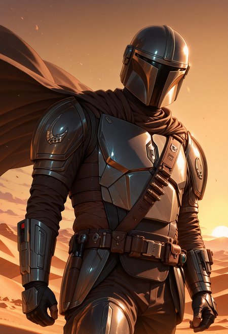 outside, desert, sunset, dynamic lighting, volumetric lighting, wind, solo, 1boy, m4nd4lori4n, armor, cape, belt, <lora:illustriousXL_stabilizer_v1.7:0.8> <lora:TheMandalorian_StarWars_V1_ILXL:1>, perfect anatomy, masterpiece, perfect quality, best quality, detailed, newest, very aesthetic