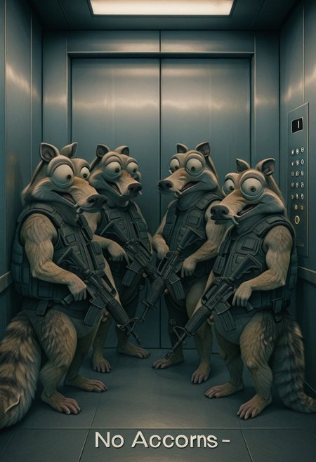 embedding:IllusP0s, (no acorns:1.3), elevator, holding weapon, assault rifle, 4boys, Scrat, long snout, bushy tail, bulging eyes, striped tail, wearing Kevlar vest, combat gear,