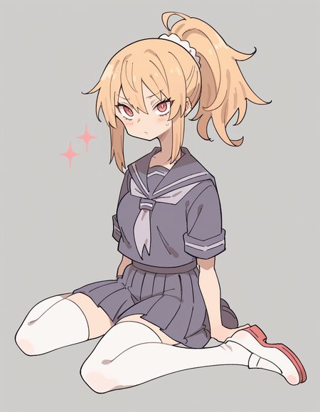 zPDXL, score_9, score_8_up, score_7_up, score_6_up, score_5_up, score_4_up, 1girl, solo,
 <lora:Maa:0.8> maa, flat color, serafuku, school uniform, pleated skirt, thighhighs, white footwear, uwabaki, looking at viewer, orange high ponytail, athletic,