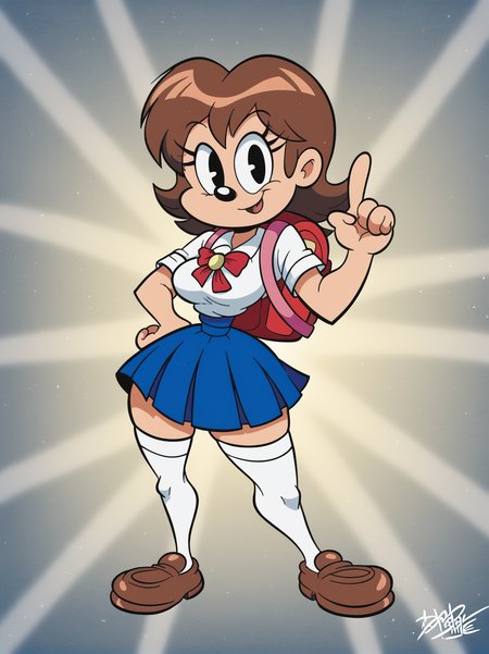score_9, 
1girl, school uniform, backpack, white thighhighs, medium breasts, narrow waist, wide hips, thick thighs, one hand on hips, one hand up,
front, looking at viewer, (dynamic pose:1.1), full body, colorful background, 
, RetroXL, toon \(style\),  <lora:RetroToonXL_Style:1>