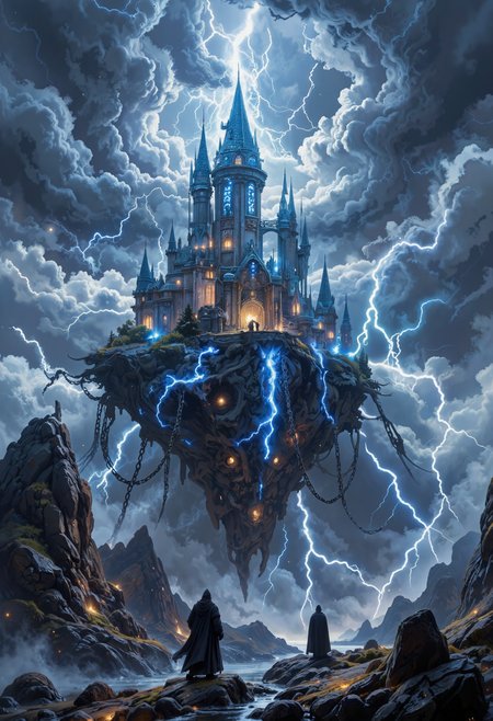 in the style of ck-ovf, A magnificent, floating castle surrounded by swirling storm clouds, with flashes of lightning illuminating its intricate towers. The castle is adorned with glowing runes, and giant chains connect it to floating rocks. Wizards in dark cloaks channel storm energy, sending arcs of light across the castleâs walls, creating an intense, otherworldly scene of power.<lora:ck-OneViolentFantasy-000021.safetensors:0.6:0.6>
