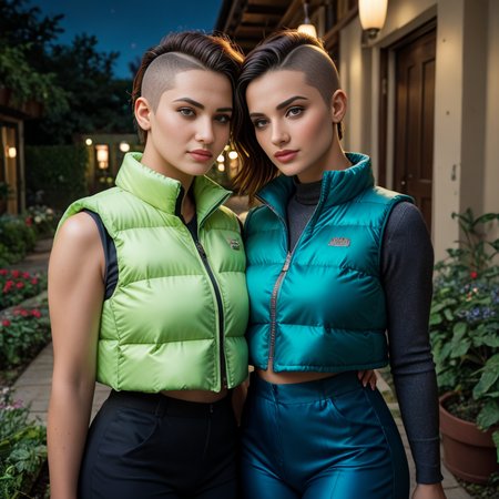 score_9, score_8_up, score_7_up,  professional 40 year old swedish curvy women wearing (red and green  cropped_puffer_vest_neon jacket),Mohawk  unique hair style, sexy, fully dressed, (jumpsuit)  dramatic lighting, blushing, , after a long day of work,  at night, dark,garden scene
 <lora:pony_cropped_puffer_jacket:0.6>