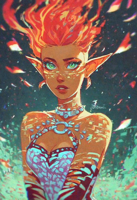 score_9, score_8_up, score_7_up, 8k, portrait, vintage illustration, female elf barbarian:1.4), long wild, flaming, red hair, vibrant green eyes, long pointy ears, subtle freckles, prominent cheekbones:1.3, dynamic pose:1.4, wearing studded leather armor, bare shoulders, fur cloak, surrounded by a glowing embers, bokeh:1.4, in an fall forest with falling maple leaves, beautifully backlit, depth of field:1.5, indirect lighting:1.3, high contrast shadows, dramatic shadows: sharp shadows across face, cinematic lighting: 
orange skin, fiery hair, glitch, glitching,  , (glitched image:1.2)