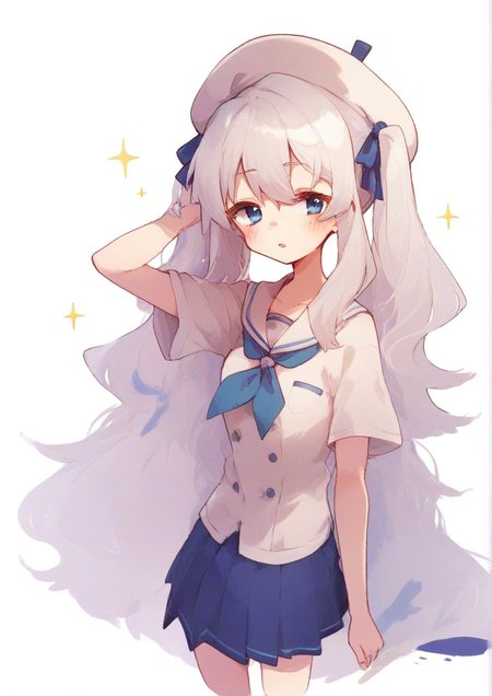 1girl,adjusting clothes, adjusting headwear, beret, blue bow, blue eyes, blue neckerchief, blue ribbon, blue skirt, bow, buttons, double-breasted, hair ribbon, hat, hat bow, long hair, looking at viewer, neckerchief, paint splatter, parted lips, pleated skirt, ribbon, short sleeves, skirt, solo, sparkle, twintails, very long hair, white hair, white headwear,zPDXL3 <lora:rimukoro:1>