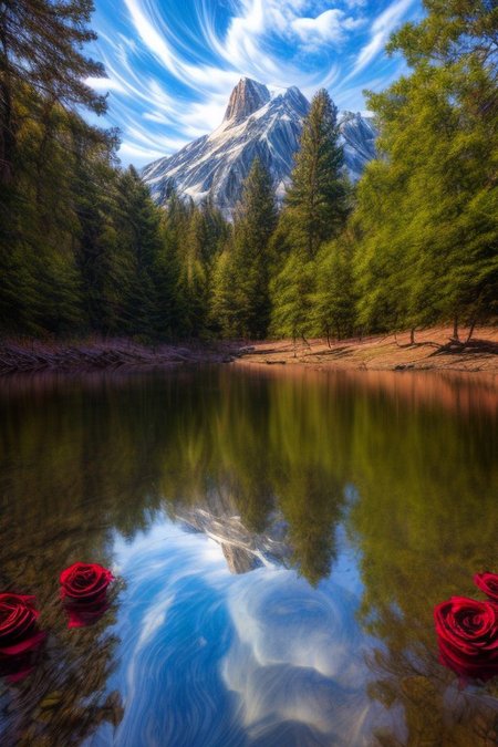 masterpiece, best quality, ultra-detailed, realistic, 8k, pine tree, flowers fields, many kinds of flowers, a couple of rabbits on very distant, lakes, meadows, grass, glitter on top, daytime, sunlight, cloudy, some birds fly in the sky over long distances, out-of-this-world scenery, lifelike, naturalism, greatest naturalism photo, immaculate detailed realism photography, rich colors, best colors perfect composition, perfect colors, colorful, clear photo, intrigue nature panorama, delicate nature photo, immaculate micro-details nature elements, (out-of-this-world scenery:1.23), beautiful landscape, beautiful flowers, crystal fantastic, breathtaking beautiful nature,  unmatched beauty nature, more nature elements, rich nature elements, (emphasize a rectangle giant_mirror reflects the natural scenery in great detail:1.37), a (standing mirror with brown wood picture frame, standing mirror on the grass:1.37), medium shot, (viewing scenery from mirror, a bunch of small red roses are scattered around the frame, perfect scenery views from mirror, view from side, pov side:1.37), (Pikachu's appears on the edge of the mirror:1.37), aesthetic, artistic style, surreal, insanely lifelike, top best naturalism photography, greatest detailed, intricate nature details background, depth of field, no human, detailerlora,