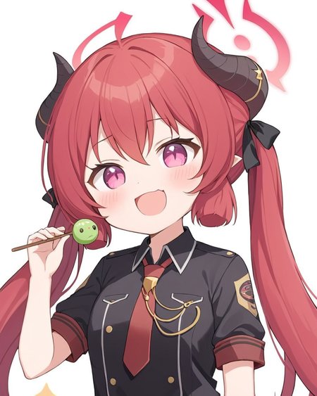 junko \(blue archive\),1girl, solo, horns, red_necktie, halo, dango, +_+, twintails, white_background, holding_food, simple_background, short_sleeves, upper_body, mouth_drool, sparkle, black_shirt, blush, collared_shirt, black_ribbon, smile, open_mouth, chibi
<lora:junko_(blue_archive)_image691_2023-11-28-000012:1>halo. gorgeous,key visual, vibrant, studio anime,award-winning, professional, highly detailed,high budget, cinemascope
