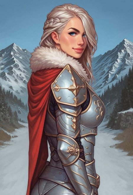 1girl, ((back view))), looking at viewer, highly detailed, from front, 1girl, highly detailed, skinny, looking at viewer, 1girl, masterpiece, best quality,
raw, masterpiece, extremely detailed, hyperrealism, photo, perfect anatomy, magnificent young warrior, full body, dramatic lighting, shadow play, romantic, heroism, epic, determination, proud, eternal beauty, detailed face, very long hair, very dark brown hair, beautiful blue eyes, battlefield background, massive plate armor, masculine body, muscular, heavy arms armor, red cape, fur collar, sword, BREAK
slight smile, looking at viewer, fur coat, dynamic pose,
BREAK 
long hair, silver hair, hair over one eye, blue eye, big hair, dynamic pose
BREAK 
best quality, depth of field, bokeh, (((full clothed))),  ((ready to fight, holdind big sword in hands, big two-handed sword in hands)), highlander
BREAK 
(((((snow, stones,  mountains))))) score_9, score_8_up, score_7_up, score_6_up, source_cartoon, rating_explicit, Expressiveh, (((((upper body))))), dynamic pose