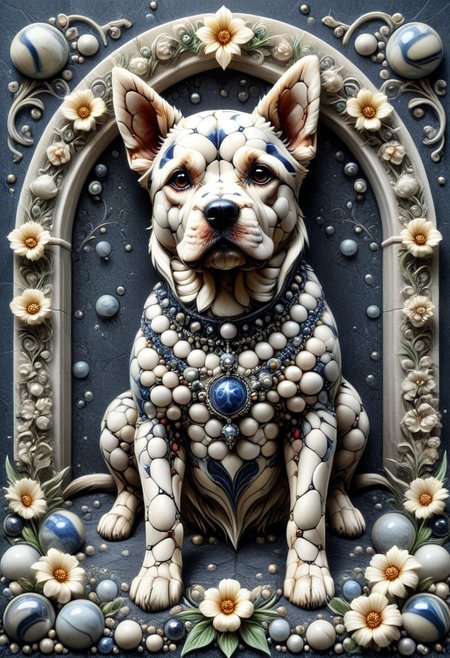 a illustration of a dog as a wall emblem made with marbles, flowers around, gothic style, mobe-godeen