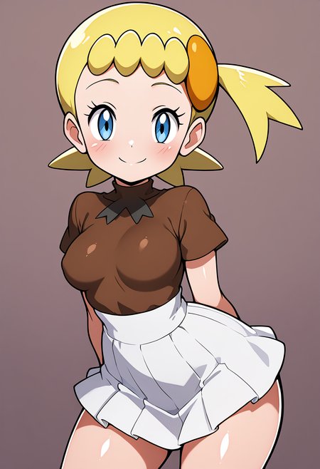 masterpiece, best quality, solo, curvy, beautiful eyes, narrow waist, 1girl, solo, smile, looking at viewer,  medium breasts, (curvy), zzBonnie, bonnie_(pokemon), blue eyes, ahoge, blonde hair, hair ornament, short hair, side ponytail, brown shirt, white skirt,  ,<lora:BonniePokemonIXL:1.0>, dynamic pose, cowboy shot, smile, looking at viewer, shiny skin,
