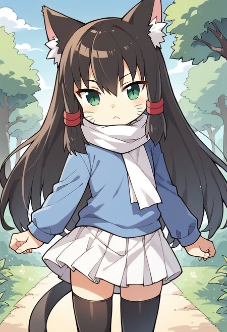 masterpiece, best quality, uncensored, source_anime BREAK score_9, score_8_up, score_7_up, score_6_up, score_5_up, score_4_up, 1girl, solo, chibi, lulu, cat ears, animal ears, cat tail, long hair, black hair, hair tubes, green eyes, whiskers, Expressiveh, white scarf, blue sweater, long sleeves, white skirt, zettai ryouiki, black thighhighs, outdoors <lora:Expressive_H:0.6> <lora:add-detail-xl:0.5> <lora:lulu_xventure:0.8>