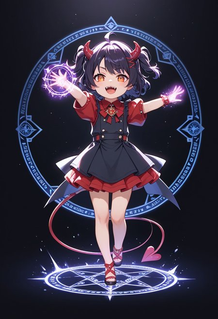 masterpiece, best quality, high quality, high details, source_anime, score_9, score_8_up, score_7_up, extremely detailed,
chibi demon girl with tiny horns and pointed tail, standing in dynamic pose with one arm raised, casting glowing magic spell, swirling energy around hand, eyes glowing slightly, excited or focused expression, small magic circle under feet, floating sparkles and runes, dark background with magical lighting, soft anime shading, full body