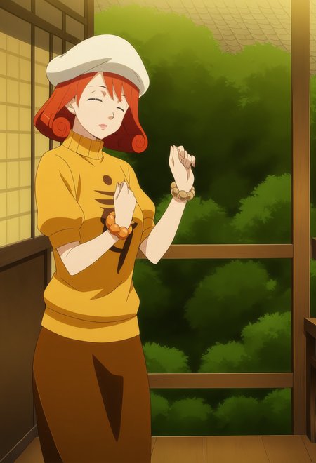 anime screencap,anime coloring,detailed face,masterpiece,best quality,very aesthetic,absurdres,volumetric lighting,official style,amazing quality,ultra detailed,highres,amazing quality,scenery,beautiful detailed hair,beautiful detailed eyes,<lora:Hanaka Mimi-IL V1:1>,Hanaka Mimi,1girl,closed eyes,hat,solo,bracelet,jewelry,red hair,skirt,white headwear,shirt,