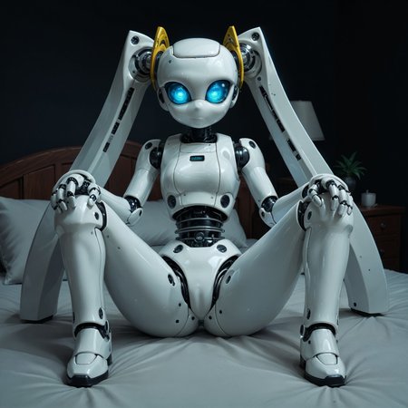 embedding:urn:air:sd1:embedding:civitai:222256@250708, [[drosselvonflugel]],sitting on bed, seductive pose, knees, feet, perfect hands gesturing, warm photo, score_9,score_8, detailed closeup, hands beckoning, cute robot girl, medium twintails, glossy white plastic body panels, LED optic eyes, Roboticizer,atompunk
