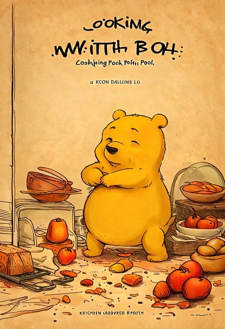 book cover title "cooking with Pooh", kitchen, detailed, 8k,  Feelings