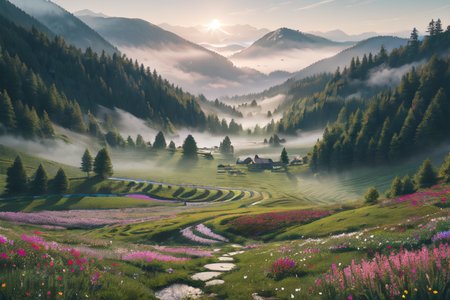 highly insanely detailed, masterpiece, top quality, best quality, highres, 4k, 8k, RAW photo, (very aesthetic, beautiful and aesthetic),  
(code_style,codestyle), 
<lora:CodeStyle (half generic class)_564920:0.3>, 
(1girl:1.3), 1other, 
a serene misty valley, with blooming flowers, calm atmosphere, gentle light, hidden away,âââ
