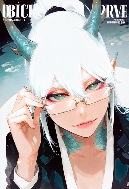 ambient occlusion, intricate background, low lighting, rim light, ethereal glow, ethereal particles, dappled light, (beautiful face), 
BREAK
masterpiece, highly detailed,1girl, beautiful eyes, big eyes, detailed eyes, detailed pupils, perfect body,
(sexy, slutty, hot)
BREAK
flirting:2.0,
ryu, pointy ears, teal scales, green eyes, light skin, eastern dragon horns, white hair, high ponytail, makeup, looking at viewer, sly expression, fake magazine cover, rectangular glasses, white office shirt, blazer jacket, looking over eyewear, close-up, adjusting eyewear, cinematic lighting, rembrandt lighting, dynamic angle, <lora:add-detail-xl:-2>
