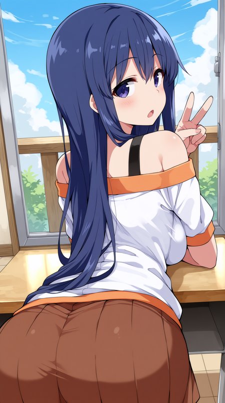 masterpiece, best quality, amazing quality, aesthetic,  absurdres, best quality, 4k, upscale, indoors,  sky,  foreshortening, pose, v, Yui, 1girl, solo, long hair, skirt, blue hair, looking back,  bare shoulders, open mouth, from behind, purple eyes, looking at viewer, off shoulder, blue eyes,   <lora:Yui_IL:0.8>