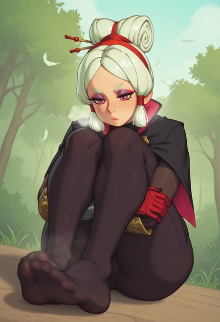 rizdraws,  outdoors, undershirt, falling feathers, black bodysuit, hair stick, hugging own legs, , gauntlets,   eyeshadow,   red gloves,  high ponytail,  , black capelet, red hairband, pink eyes, 1girl, solo, feet, visible breath,   dynamic angle, foreshortening, smell, steam,