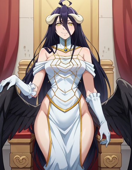 score_9, score_8_up, score_7_up, source_anime,
overlordalbedo, <lora:overlord-albedo-ponyxl-lora-nochekaiser:1>,
albedo, ahoge, black hair, horns, long hair, yellow eyes,
bare hips, bare shoulders, black wings, detached collar, elbow gloves, feathered wings, gloves, gold trim, high collar, hip vent, jewelry, low wings, white gloves, wings,
indoors, throne, throne room,
looking at viewer, cowboy shot, dutch angle,