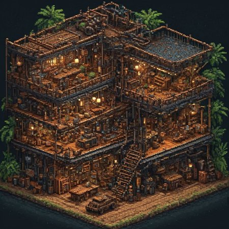 high detail, high quality, dramatic lighting, SFW, PG, detailed background, masterpiece, Graphic details, perfect design, Pixel_Art, Sprite, pixelart, game asset,isometric view, night, rain, steampunk workshop made of gears and copper pipes, jungle, steam coming form pipes