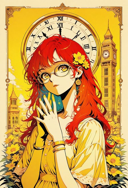 masterpiece, high quality, highres, flat colors, gradient, retro colors, sketch, ink splash, rings, abstract, dynamic angle, cinematic, detailed_hands, elegant_fingers, beautiful_feet, yellow theme
1girl, pin up, red hair, long hair, glasses, flower in hair
summer dress, polka dot, decorated, bracelets, 
tower, clocktower, clock, clock face
closeup, closeup to face, portrait, outside border