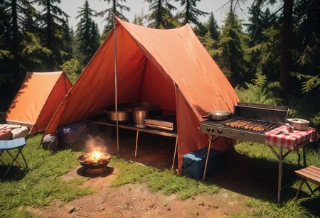 ,ruanyi1256,outdoors,tent,grill,<lora:1256 camping_v1_pony:1>, score_9, score_8_up, score_7_up, score_6_up, score_9, score_8_up, score_7_up, score_6_up source_anime, blush, 1girl, seduce smile, perfect body , natural huge breasts