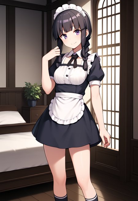 score_9, score_8_up, score_7_up, score_6_up, score_5_up, score_4_up, source_anime, 
BREAK,
solo, 1girl, standing, looking at viewer, smile, maid, indoors, 
<lora:kitakami_kancolle_ponyXL_v1:1> kitakami \(kancolle\), black hair, long hair, single braid, blunt bangs, sidelocks, purple eyes,