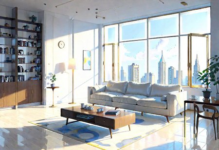 ((front view)), (Close-Up View), (Rule of Thirds), (Golden Ratio), ((animation style)), modern-style interior, white walls, ((large windows)), wooden floor, a  study, Sofa, coffee table, bookcase, single wall, 
warm light morning sun, (((City high-rise building scenery))), (((clear sky)))