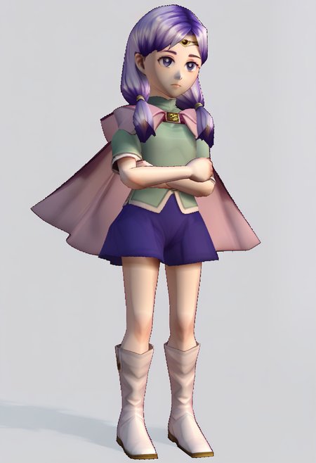 score_9, score_8_up, score_7_up, source_anime, 1girl, closed mouth, <lora:zs_N64ZeldaStyleXL:1> n64zeldastyle, 3d, polygonal, white background, full body, low twintails, hair over shoulder, <lora:IlyanaPoRXL:0.9> ilyanaPoR, lavender hair, bangs, lavender eyes, purple skirt, green shirt, short sleeves, pink capelet, circlet, white footwear, knee boots