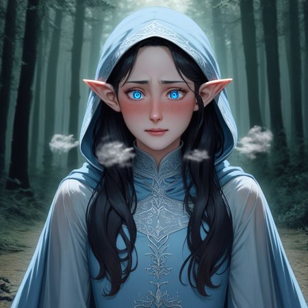 score_9, score_8_up, score_7_up, source_anime, expressive, anime, Artist speedlines, dynamic, 1girl, Arwen_Undómiel,tolkien's_legendarium, BREAK, Arwen\(Lord_of_the_Rings\),  Arwen, elf, pointy ears, blue eyes, black hair, long hair, sidelocks, 1woman, blush, blushing, embarrassed, sensual, horny, longing,  blue dress, lace, see-through, blue cloak, blue hood, detailed eyes, blushing, horny, uncensored, source_hentai steam, full-face_blush, happy horny, in_the_woods, Lothlórien, forest