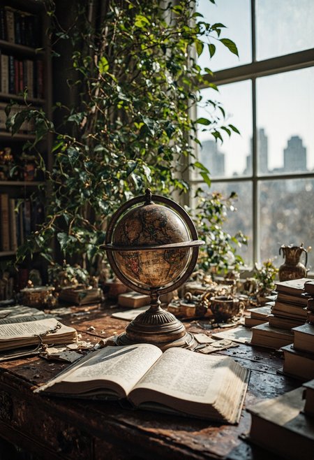Intricately textured, cinematic, The antique globe, intricately carved with intricate designs and designs, spins slowly on a polished desk. The desk is cluttered with books and papers, and a stack of books lies open on the desk, waiting for its next adventure. The air is thick with the scent of old books and the sound of rustling leaves. The scene is set in a cozy study, with a large window overlooking a city skyline.