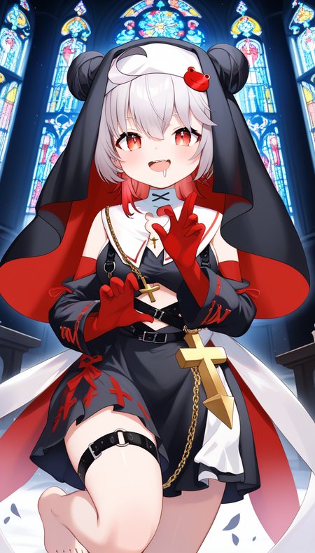 score_9, score_8_up, score_7_up, BREAK source_anime, best quality, masterpiece,very aesthetic, zPDXL2,official art,detailed_eyes,1girl, solo,
tonde_pyokora, red eyes,virtual youtuber,multicolored hair, white hair, red hair, grey hair,hair bun, double bun, medium breasts, chibi
black dress, cross,chain, nun, red gloves, dress, long sleeves, detached sleeves, frills, thigh strap, gloves,barefoot, toenails, toenail polish, black nails, nail polish, 
(drooling)
<lora:tonde_pyokora_pony_v1:1> 
standing ,(dynamic pose),
smile, open mouth,
looking at viewer,(cowboy shot, ),
indoors, church