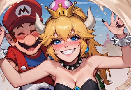 Bowsette put on a collar,(hug by mario wear his original uniform:1.0), Pretend to resist but actually love it a lot, dynamic pose, medium body shot, blush smiled,dynamic pose, climax face, background is mario world, bare arms, bare shoulders, coax, cleavage, acted like couldn't handle it, exhausted face orgasum but happy.
 1girl, evil grin, looking at viewer,  (in mario world, background is mario games:1.0,)
score_9, score_8_up, score_7_up, rating_explicit, epiCPhoto, sharp avn award winning photo, ultrasharp, artistic photoshoot, masterpiece, best quality, detailed painting,