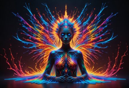 a fire entity whit multicolored flames, professional photography of an fantastical warrior fairy princess entirely made of cyberflies with whimsical elements, swirling magic, eerie fairytale landscape, elaborate fantasy style art, very colorful, intricate details, ultra sharp, exquisite detail, flawless composition, vivid colors, masterpiece, exciting background, TAS, TASvisuals, Psychedelic , Rave, Elaborate , Blacklight , Vibrant , cyberflies, black light paint, blp, Colorful Chaos Cracks and Drops, mad-glowtiedye, made out of,colorful,liquid,Murano Art Glass