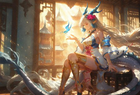 masterpiece, best quality, absurdres, very awa, absurdres,,wide shot,background,masterpiece, very aesthetic, absurdres, dimly lit, warm light,windy, floating hair, ((impressionism, excellent depth of field, partly realistic texture, dramatic lighting)), sharp focus, newest,Chinese building, indoors, sitting next to window, full body
BREAK
ZennyoRyuuou, very long hair, dragon horns, hair flower, strapless dress, detached sleeves, bracelet,  gold leg wear, dragon tail, pointy ears,