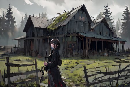(otherworldly), highly insanely detailed, masterpiece, top quality, best quality, highres, 4k, 8k, RAW photo, (very aesthetic, beautiful and aesthetic), farm, fields, barn, fence, fantfa, <lora:FantasyFarm-10:1>, 
1girl, 
(dark gray hair ), 
(dark background),âââ
