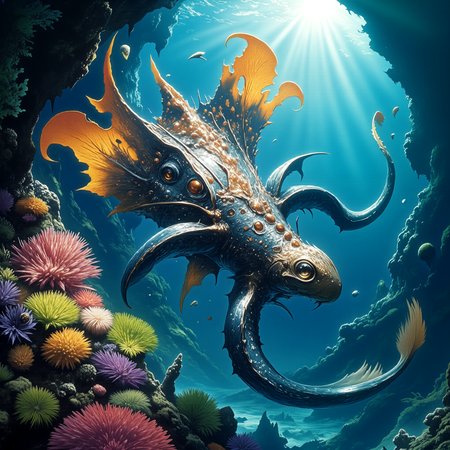 highly detailed, intricate, detailed background, famous artwork inspired by (abzu:1.2) and (julie baroh:1.2) and (stephan martiniere:1.2), (dramatic underwater scene:1.2), (fractal art:1.2), , dynamic angle, the "venomous noodlecurbler", a strange aquatic creature, equipped with large translucent fins, anderful agglefreck and a long stinging tail, gracefully pludders through the crystal-clear waters of the colorful coral reefs on planet "nicetoo vi", golden ratio, in the style of ck-ovf, amanoer, arsmjstyle, dnddarkestfantasy, aidmamj6.1, 
<lora:style-oneviolentfantasy-ep21-flux-by_chronoknight:0.48> 
<lora:style-yoshitaka_amano-elden_ring-flux-by_alicient:0.32> 
<lora:style-dnd_dark_fantasy-flux-by_arsmachina:0.8> 
<lora:midjourney_61-v0.4-flux-by_aidma:0.56> 
<lora:faetastic_details-flux-by_faeia:0.64>