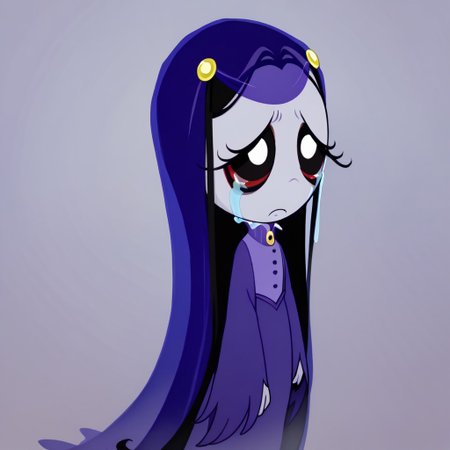 score_9, score_8_up, score_7_up BREAK MiseryRG, 1girl, black hair, black eyes, pale purple skin, tears trail, purple veil, yellow flower hairclips, white-collared purple buttoned dress, long purple sleeves,