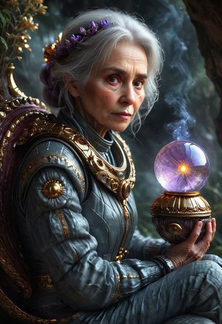 (full body shot), ((an old woman siting with her back to a space mushroom, in an intricate interstellar spacesuit holding a huge alien crystal ball, glowing, and blowing out many huge smoke rings)), (A giant snail|octopus attacking), intricate, (old:1.7), by Moebius and H. R. Giger and Stefan Martiniere and Tomer Hanuka,  hyper detailed, award winning on artstation.com,(intricate details, masterpiece, best quality:1.4), looking at viewer, dynamic pose, wide angle view, dense fog, Different shades of wisteria and grape, embellished with gold decoration, fractal art, in the style of nicola samori, Intense gaze, Bright... ,Model, expression, anthro, Rainbowiridal palette eyes, Shiny..., Bright..., Intense gaze, Fire dragon eyes, Amber cat eyes, Anthro... woman, Genetically modified..., facial expression