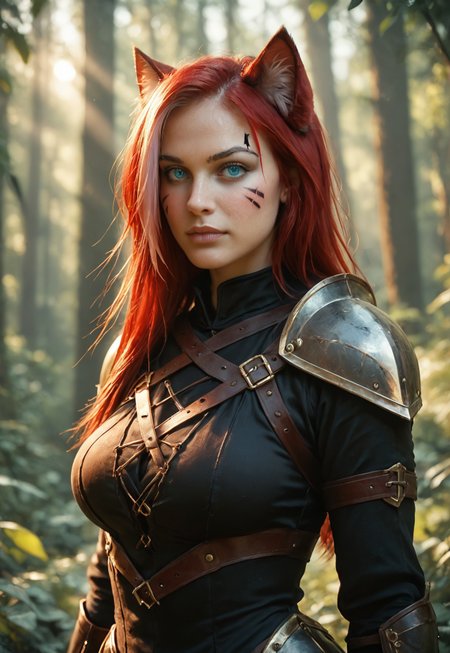 score_9, score_8_up, score_7_up, sabrith, red hair, cat ears, cat tail, facial marks, heterochromia, orange and blue eyes, female, red cross laced dress with loin, pauldron, armor, leather gloves,  big breasts, forest, dappled sunlight, upper body, looking at viewer, film grain, DSLR photo, best quality, 85mm lens, shallow depth of field, soft lighting, highly detailed, cinematic composition