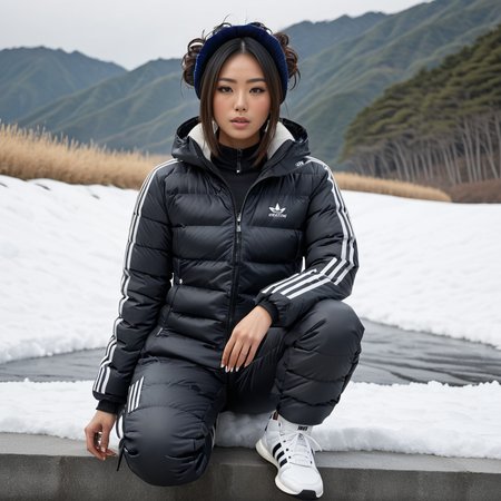 (full body shot| ) (dark cinematic still, dark vibes) sexy japanese woman ,unique, wearing  snowpants and adidas_puffer_jacket,  unique hair styles, 8k uhd, dslr, high quality, photorealistic, realism, hyperrealism,((sitting scene)), outdoors
 <lora:snowpants_v1-000003:0.7>
 <lora:adidas_puffer_jacket_v1:0.7>