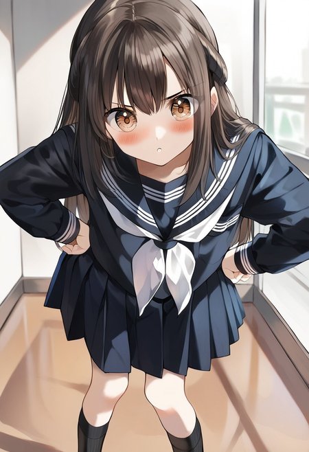 score_9, score_8_up, score_7_up, source_anime, hi res, masterpiece, best quality, highres, rkanime_ps, 1girl, school uniform, skirt, serafuku, long hair, solo, brown eyes, blush, black skirt, black serafuku, pleated skirt, black shirt, black sailor collar, sailor collar, bangs, socks, shirt, hands on hips, long sleeves, brown hair, neckerchief, looking at viewer, white neckerchief, parted lips, leaning forward, v-shaped eyebrows, kneehighs, black socks, indoors, standing