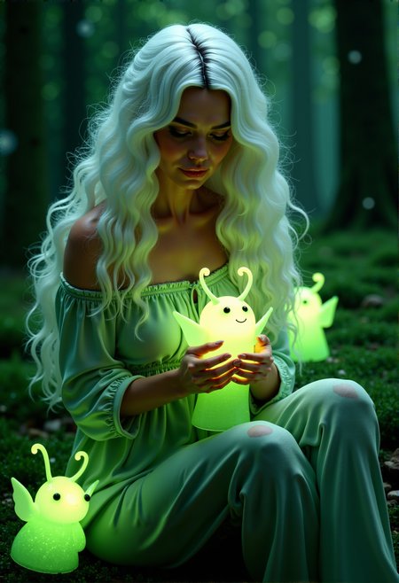 The woman sits with her hands cupped gently around one of the glowing green spirits, her eyes focused on it with a look of wonder and affection.

Photorealistic depiction of a mystical forest scene where a cute and curvy adult woman with long white hair is seated, surrounded by glowing, translucent green spirits, their ethereal light casting a soft glow on her serene face.

cinematic lighting, extremely intricate detail character, accurate depiction of character, correct body anatomy, correct hands and fingers, extremely intricate skin and facial skin texture detail, lifelike potrayal, extremely realistic lighting, extreme dynamic pose.














