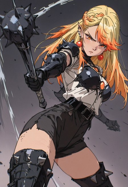 masterpiece, amazing quality, absurdres, 4ur4_illu, fl4tgr1t, sketch, dark_fantasy_style, dark fantasy, retro,
(Girl:0.0), 1girl, (solo), yellow hair, half up braid, straight hair, multicolored hair, swept bangs, 
orange eyes, ultra-detailed anime eyes, round eyes, pointed ears, earrings, ear piercing, breasts, 
dark spiked armored outfit, white shirt, black shorts, black belt, thigh-high boots, 
(Pose:0.0), ((looking at viewer)), standing, (swinging mace), motion blur, 
(Emotion:0.0), determined, serious, 
(Scene:0.0), cowboy shot, dutch angle, from front, dynamic pose, simple background, depth of field, foreshortening,