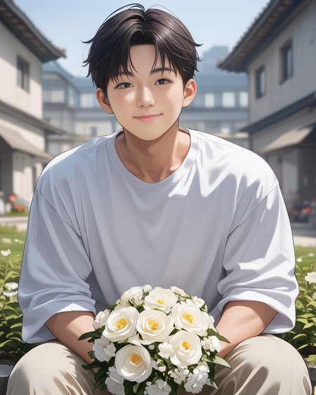 score_9, score_8_up, score_7_up, Korean, <lora:Expressive_H:1>, ((handsome man:1.2, light skin)), (focus male, solo:1.1), masterpiece, best quality,
The image features a young man sitting on the edge of a rock with a relaxed posture. He is dressed in a casual outfit that consists of white beige trousers and a matching beige jacket. Underneath the jacket, a white t-shirt is visible. The man is holding a small bouquet of flowers, which he seems to be presenting or offering.
He is slight smiling and looking directly towards the camera, conveying a sense of joy or anticipation. The man has short, dark hair and appears to be in his late teens or early twenties. The background of the image is out of focus but suggests an outdoor setting with architectural features like a building and a structure with a corrugated metal roof.
The style of the image is candid and appears to be a lifestyle or fashion photograph, with shallow depth of field that keeps the person in sharp focus while the background fades into soft colors. The lighting is bright and even, suggesting a sunny day. There are no texts visible in the image.
tae_dong, <lora:taedong-000018:1>, 20+, over 20 years old, taedong,