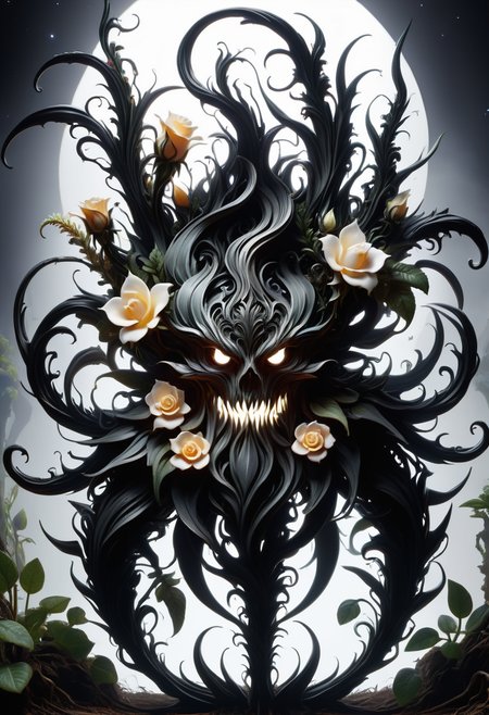 hyper detailed masterpiece, dynamic, awesome quality, DonMN1gh7D3m0nXL dwarf ivory black prostrate strap-shaped plant,  ovate parted leaf, longitudinal venation, rosette, doubly serrate leaf margin, moonstone white spike banner flower, bilabiate, pastel drupe fruit, furrowed,   , made of night  <lora:DonMN1gh7D3m0nXL-v1.1-000008:1>