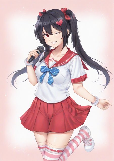 11girl, yazawa nico, 2016, black hair, bow, bow print, box, checkered floor, collarbone, floating hair, frilled thighhighs, frills, grin, hair bow, hair ornament, happy valentine, heart, heart-shaped box, heart hair ornament, heart print, holding, holding bow (ornament), leg up, long hair, looking at viewer, microphone, miniskirt, one eye closed, pleated skirt, print shirt, red eyes, red sailor collar, red skirt, sailor collar, shirt, skirt, smile, solo, standing, standing on one leg, striped, striped bow, striped thighhighs, thighhighs, twintails, very long hair, white shirt,   zPDXL3  <lora:hiuh:1>