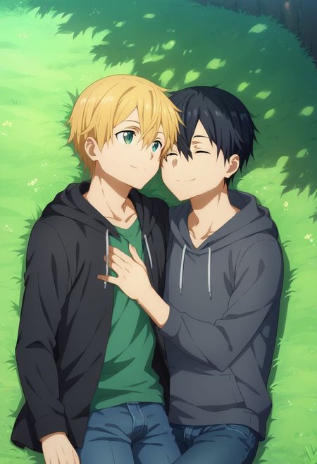 score_9, score_8_up, score_7_up, source_anime, highly detailed, 
1boy, 1boy,
Kazuto Kirigaya, SAO, black hair, black eyes,
and eugeo, green eyes,blonde hair,hair between eyes, green eyes, 
outdoor, tree, grass, lying down, tartan blanket, hoodie, jeans, socks, sleeping, head on chest, embrace, smile, closed eyes, up view,
