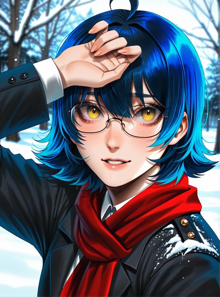 by j.k:0.6, by hoshi san 3:0.1,artist:Sakimichan:0.3, 1girl, solo, zhenya_es, blue hair, short hair, ahoge, glasses, yellow eyes, winter background, low angle, black jacket, white collared shirt, winter, outdoors, red scarf, (masterpiece),depth of field, (best quality), (ultra-detailed), amazing quality, very aesthetic, illustration, dynamic compostion, dutch angle, perfect composition, absolutely eye cathing,  intricate details, absurdres, incredibly absurdres,   <lora:Zhenya_ES_IL_v1:0.7>